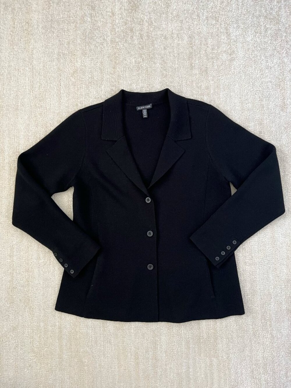 Eileen Fisher Black Merino Wool Button Up Cardigan Sweater Jacket M
